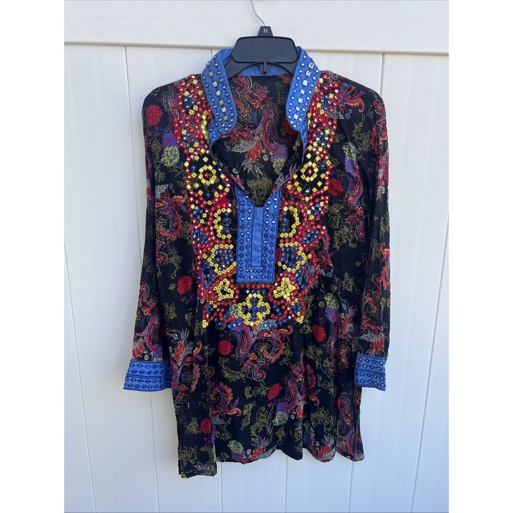 Barbara Gerwit Woman Tunic Top Paisley Long Sleeve V Neck Embellished Sz Small